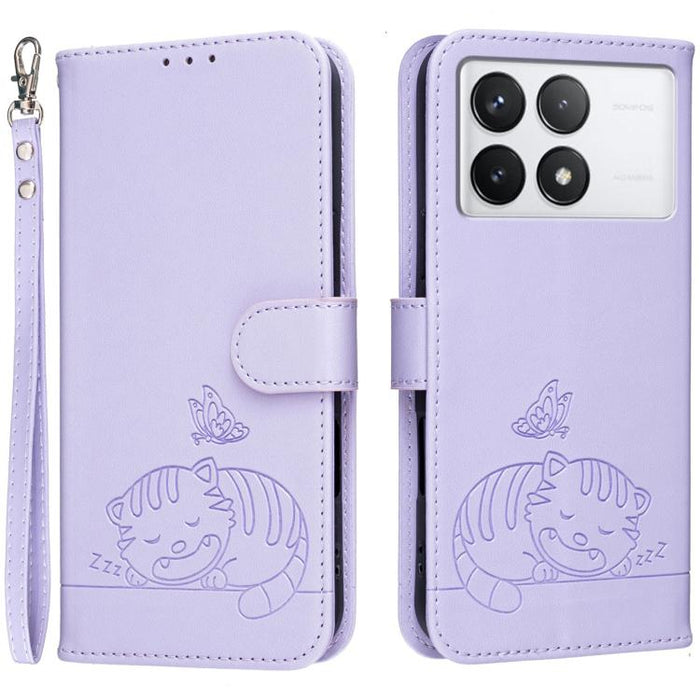 Funda para teléfono de piel vegana con estampado RFID de mariposa y gato, con correa., For Redmi 12 4G / 5G, For Redmi K70
