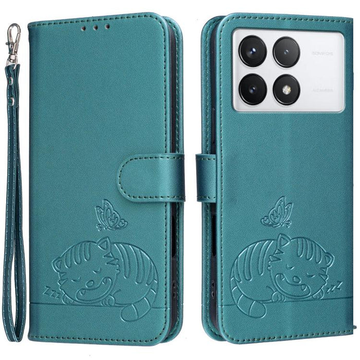 Funda para teléfono de piel vegana con estampado RFID de mariposa y gato, con correa., For Redmi 12 4G / 5G, For Redmi K70