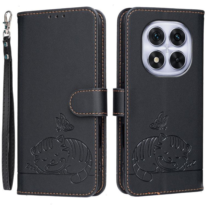 Funda para teléfono de piel vegana con estampado RFID de mariposa y gato, con correa., For Redmi 15C 5G / 4G Global 171mm, For Redmi 15C 5G / 4G EU 173mm, For Redmi A5 4G 173.3mm, For Redmi A5 4G 171.7mm, For Redmi Note 14 4G 164.84mm                  ...