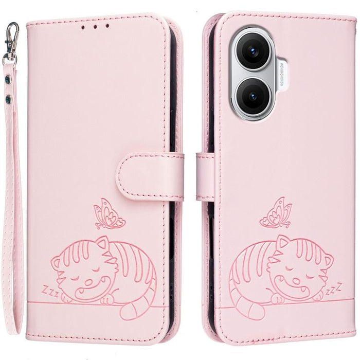 Funda para teléfono de piel vegana con estampado RFID de mariposa y gato, con correa., For Redmi 15C 5G / 4G Global 171mm, For Redmi 15C 5G / 4G EU 173mm, For Redmi A5 4G 173.3mm, For Redmi A5 4G 171.7mm, For Redmi Note 14 4G 164.84mm                  ...