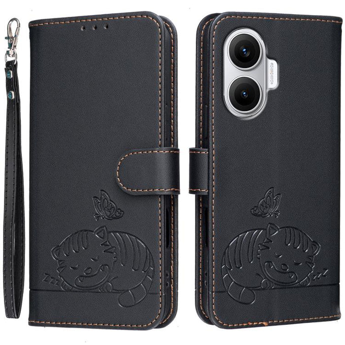 Funda para teléfono de piel vegana con estampado RFID de mariposa y gato, con correa., For Redmi 15C 5G / 4G Global 171mm, For Redmi 15C 5G / 4G EU 173mm, For Redmi A5 4G 173.3mm, For Redmi A5 4G 171.7mm, For Redmi Note 14 4G 164.84mm                  ...