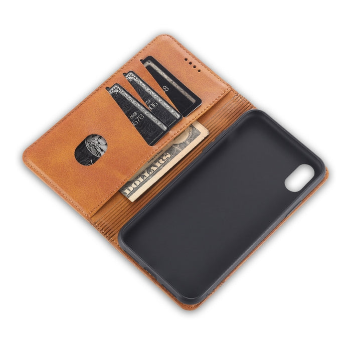 AZNS Funda de cuero con tapa horizontal con textura de becerro magnético con ranuras para tarjetas y soporte y billetera para iPhone X / XS