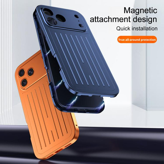 Funda para teléfono de aleación de aluminio con textura de maleta y protector de pantalla de vidrio templado de la serie Magnetic King., For iPhone 17 Pro Max, For iPhone 17 Pro, For iPhone Air, For iPhone 16 Pro Max, For iPhone 16 Pro                 ...