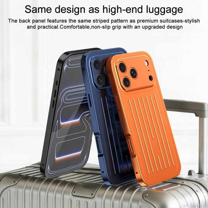 Funda para teléfono de aleación de aluminio con textura de maleta y protector de pantalla de vidrio templado de la serie Magnetic King., For iPhone 17 Pro Max, For iPhone 17 Pro, For iPhone Air, For iPhone 16 Pro Max, For iPhone 16 Pro                 ...