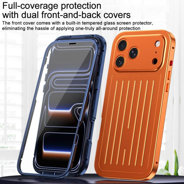 Funda para teléfono de aleación de aluminio con textura de maleta y protector de pantalla de vidrio templado de la serie Magnetic King., For iPhone 17 Pro Max, For iPhone 17 Pro, For iPhone Air, For iPhone 16 Pro Max, For iPhone 16 Pro                 ...