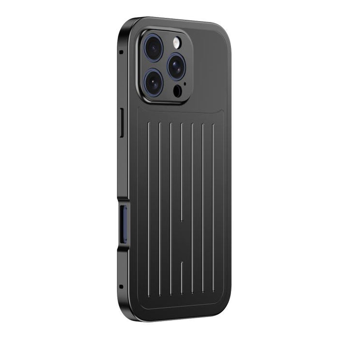 Funda para teléfono de aleación de aluminio con textura de maleta y protector de pantalla de vidrio templado de la serie Magnetic King., For iPhone 17 Pro Max, For iPhone 17 Pro, For iPhone Air, For iPhone 16 Pro Max, For iPhone 16 Pro                 ...