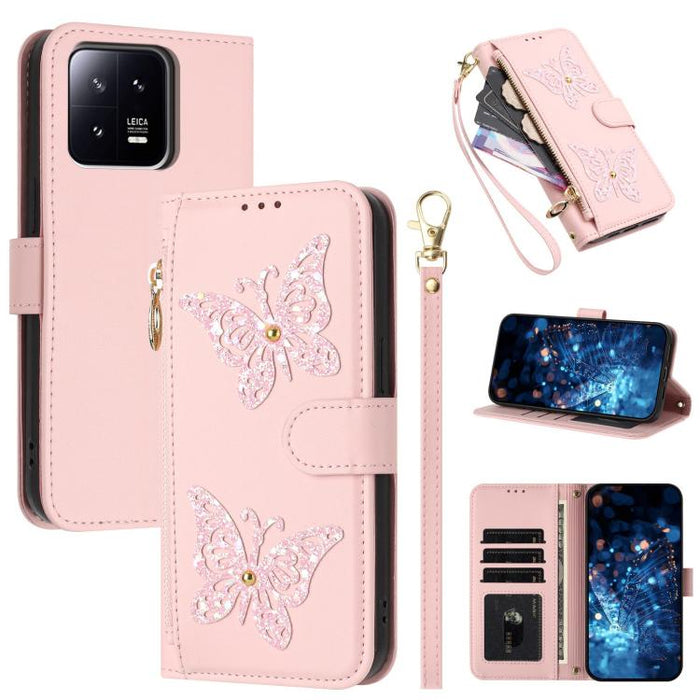 Funda para teléfono de piel vegana con cremallera y mariposa brillante, con correa para la muñeca., For Xiaomi 13 Ultra, For Xiaomi 13 Pro 5G, For Xiaomi 13 5G