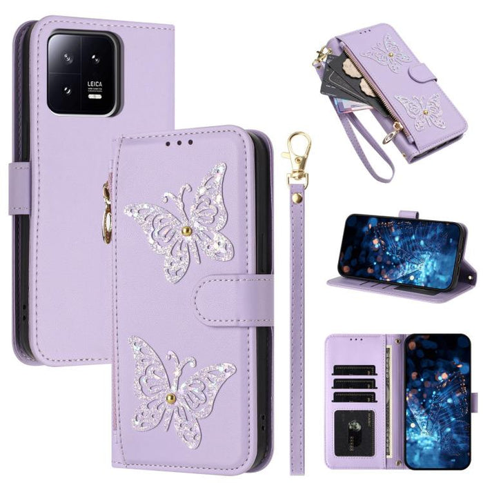 Funda para teléfono de piel vegana con cremallera y mariposa brillante, con correa para la muñeca., For Xiaomi 13 Ultra, For Xiaomi 13 Pro 5G, For Xiaomi 13 5G