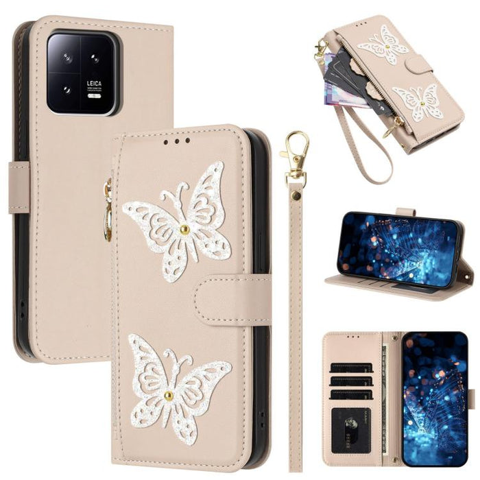 Funda para teléfono de piel vegana con cremallera y mariposa brillante, con correa para la muñeca., For Xiaomi 13 Ultra, For Xiaomi 13 Pro 5G, For Xiaomi 13 5G