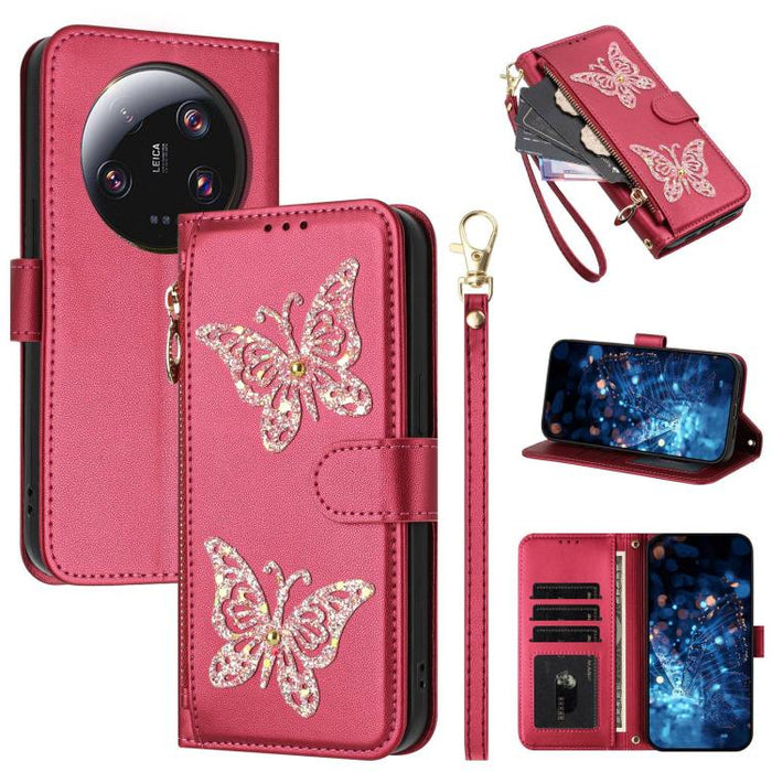 Funda para teléfono de piel vegana con cremallera y mariposa brillante, con correa para la muñeca., For Xiaomi 13 Ultra, For Xiaomi 13 Pro 5G, For Xiaomi 13 5G