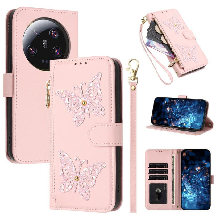 Funda para teléfono de piel vegana con cremallera y mariposa brillante, con correa para la muñeca., For Xiaomi 13 Ultra, For Xiaomi 13 Pro 5G, For Xiaomi 13 5G