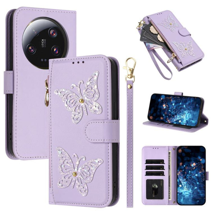 Funda para teléfono de piel vegana con cremallera y mariposa brillante, con correa para la muñeca., For Xiaomi 13 Ultra, For Xiaomi 13 Pro 5G, For Xiaomi 13 5G