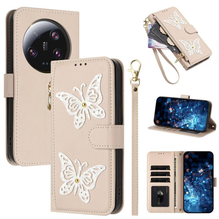 Funda para teléfono de piel vegana con cremallera y mariposa brillante, con correa para la muñeca., For Xiaomi 13 Ultra, For Xiaomi 13 Pro 5G, For Xiaomi 13 5G
