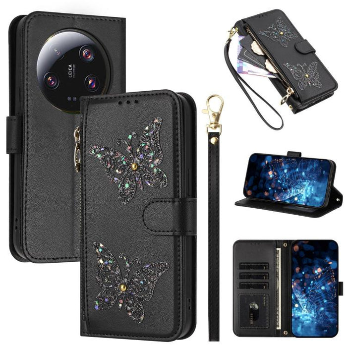 Funda para teléfono de piel vegana con cremallera y mariposa brillante, con correa para la muñeca., For Xiaomi 13 Ultra, For Xiaomi 13 Pro 5G, For Xiaomi 13 5G