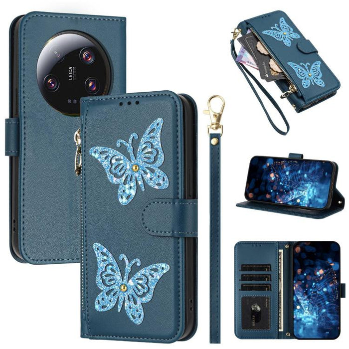 Funda para teléfono de piel vegana con cremallera y mariposa brillante, con correa para la muñeca., For Xiaomi 13 Ultra, For Xiaomi 13 Pro 5G, For Xiaomi 13 5G