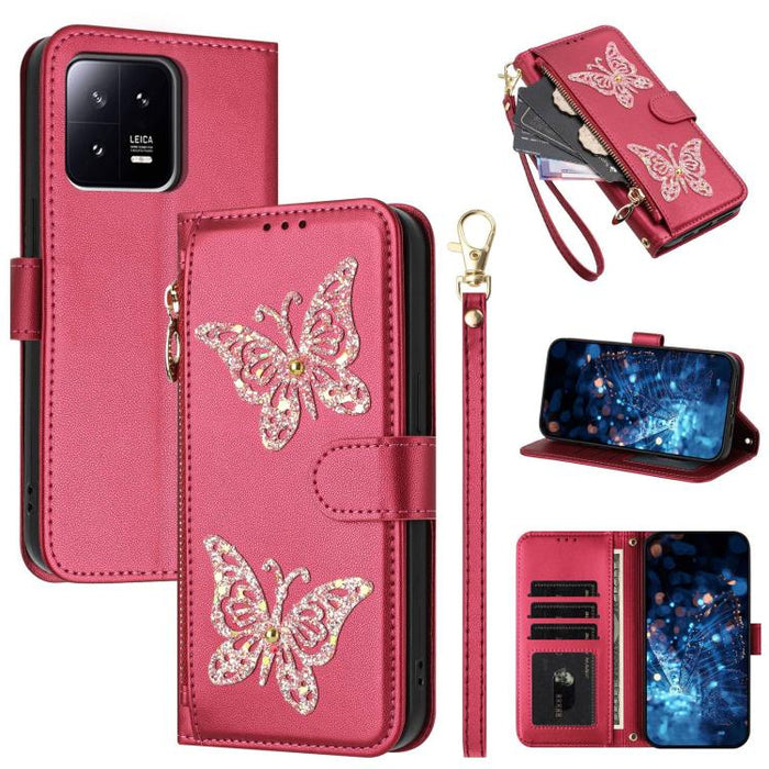 Funda para teléfono de piel vegana con cremallera y mariposa brillante, con correa para la muñeca., For Xiaomi 13 Ultra, For Xiaomi 13 Pro 5G, For Xiaomi 13 5G