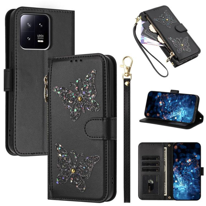 Funda para teléfono de piel vegana con cremallera y mariposa brillante, con correa para la muñeca., For Xiaomi 13 Ultra, For Xiaomi 13 Pro 5G, For Xiaomi 13 5G