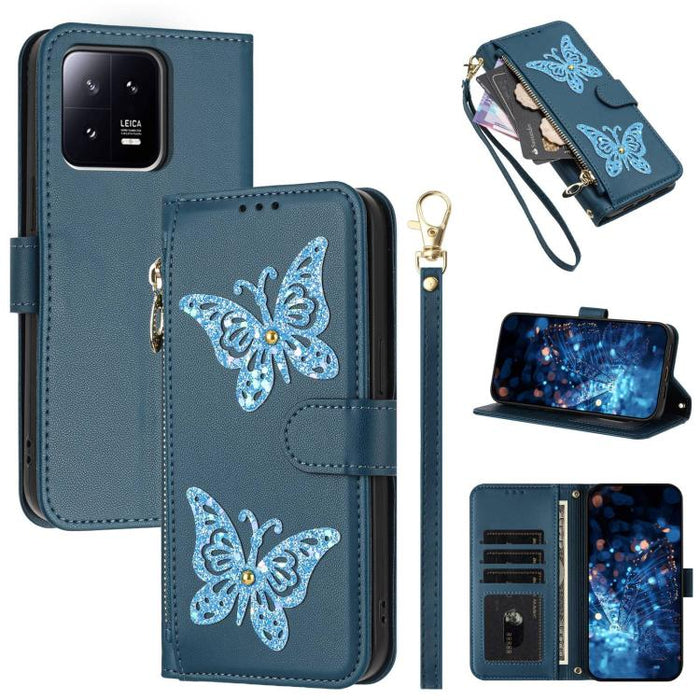 Funda para teléfono de piel vegana con cremallera y mariposa brillante, con correa para la muñeca., For Xiaomi 13 Ultra, For Xiaomi 13 Pro 5G, For Xiaomi 13 5G