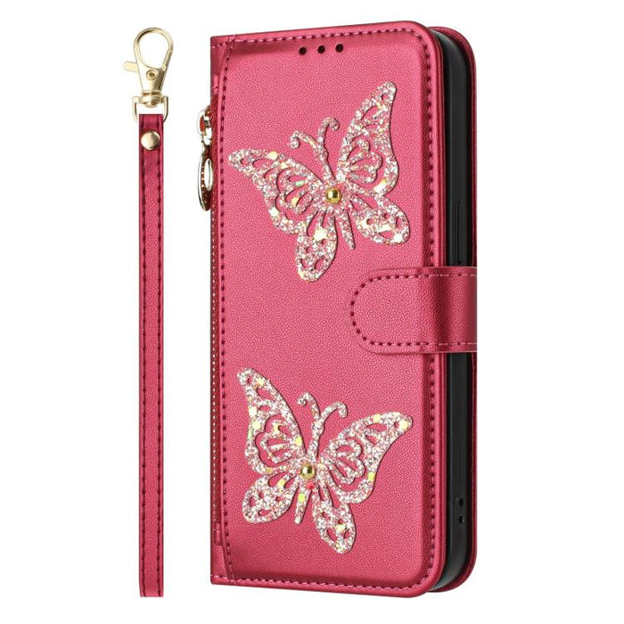Funda para teléfono de piel vegana con cremallera y mariposa brillante, con correa para la muñeca., For iPhone 13 Pro Max, For iPhone 13 Pro, For iPhone 12 / 12 Pro, For iPhone 12 Pro Max