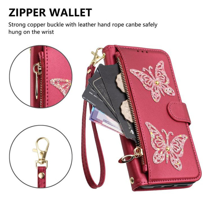 Funda para teléfono de piel vegana con cremallera y mariposa brillante, con correa para la muñeca., For iPhone 13 Pro Max, For iPhone 13 Pro, For iPhone 12 / 12 Pro, For iPhone 12 Pro Max