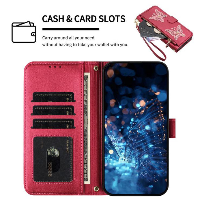 Funda para teléfono de piel vegana con cremallera y mariposa brillante, con correa para la muñeca., For iPhone 13 Pro Max, For iPhone 13 Pro, For iPhone 12 / 12 Pro, For iPhone 12 Pro Max