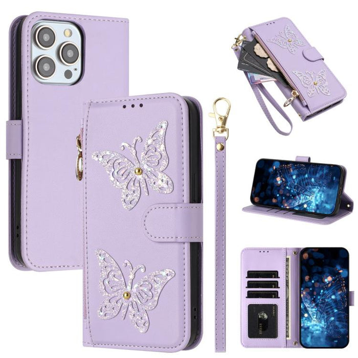 Funda para teléfono de piel vegana con cremallera y mariposa brillante, con correa para la muñeca., For iPhone 13 Pro Max, For iPhone 13 Pro, For iPhone 12 / 12 Pro, For iPhone 12 Pro Max