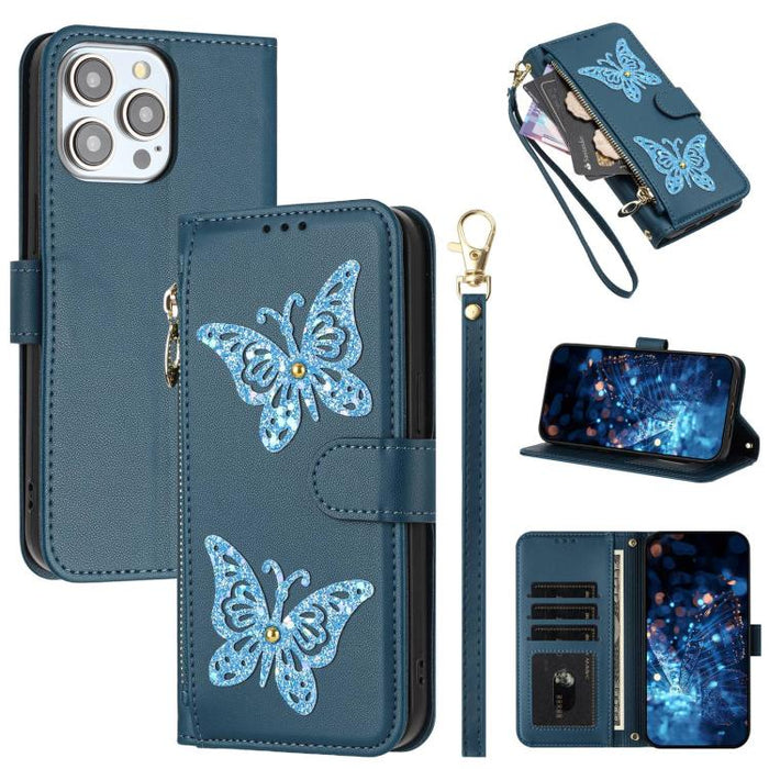 Funda para teléfono de piel vegana con cremallera y mariposa brillante, con correa para la muñeca., For iPhone 13 Pro Max, For iPhone 13 Pro, For iPhone 12 / 12 Pro, For iPhone 12 Pro Max