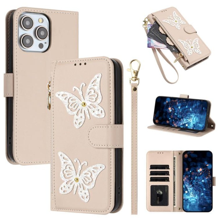 Funda para teléfono de piel vegana con cremallera y mariposa brillante, con correa para la muñeca., For iPhone 13 Pro Max, For iPhone 13 Pro, For iPhone 12 / 12 Pro, For iPhone 12 Pro Max