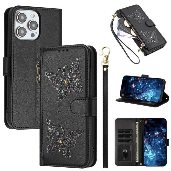 Funda para teléfono de piel vegana con cremallera y mariposa brillante, con correa para la muñeca., For iPhone 13 Pro Max, For iPhone 13 Pro, For iPhone 12 / 12 Pro, For iPhone 12 Pro Max