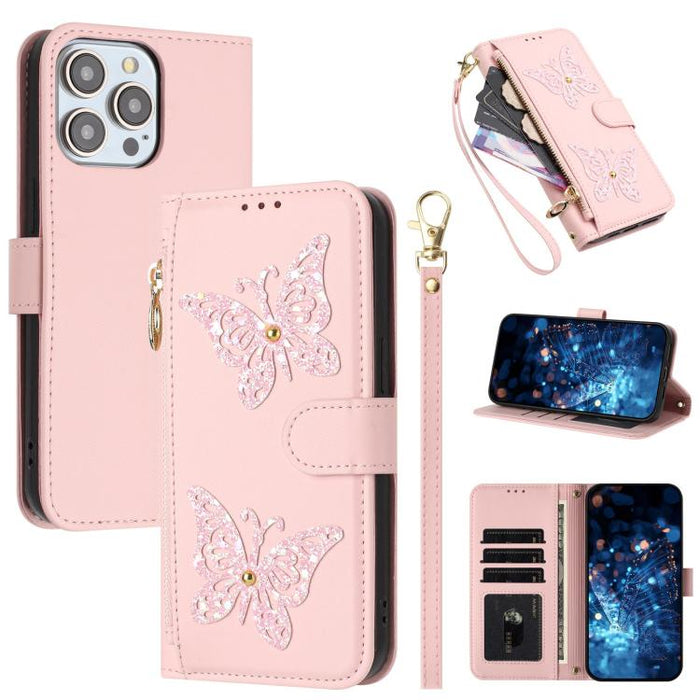 Funda para teléfono de piel vegana con cremallera y mariposa brillante, con correa para la muñeca., For iPhone 13 Pro Max, For iPhone 13 Pro, For iPhone 12 / 12 Pro, For iPhone 12 Pro Max