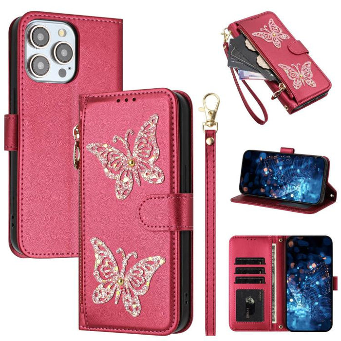 Funda para teléfono de piel vegana con cremallera y mariposa brillante, con correa para la muñeca., For iPhone 13 Pro Max, For iPhone 13 Pro, For iPhone 12 / 12 Pro, For iPhone 12 Pro Max