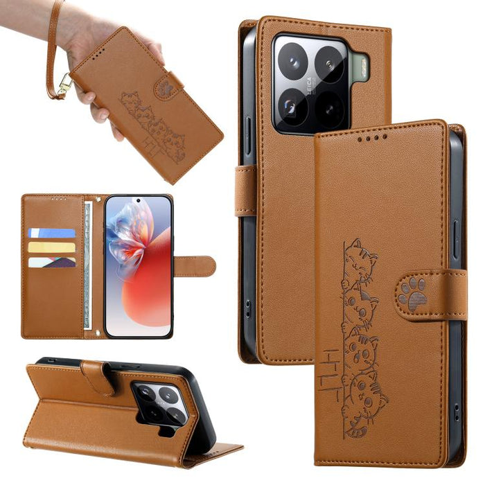 Funda para teléfono de piel vegana con cierre magnético y diseño de lindos gatos., For Xiaomi 15 Ultra, For Xiaomi Poco X7 Pro / Redmi Turbo 4, For Xiaomi 15 Pro, For Xiaomi 15, For Xiaomi 14T Pro, For Xiaomi 14T, For Xiaomi Poco F6 / Redmi Turbo 3
