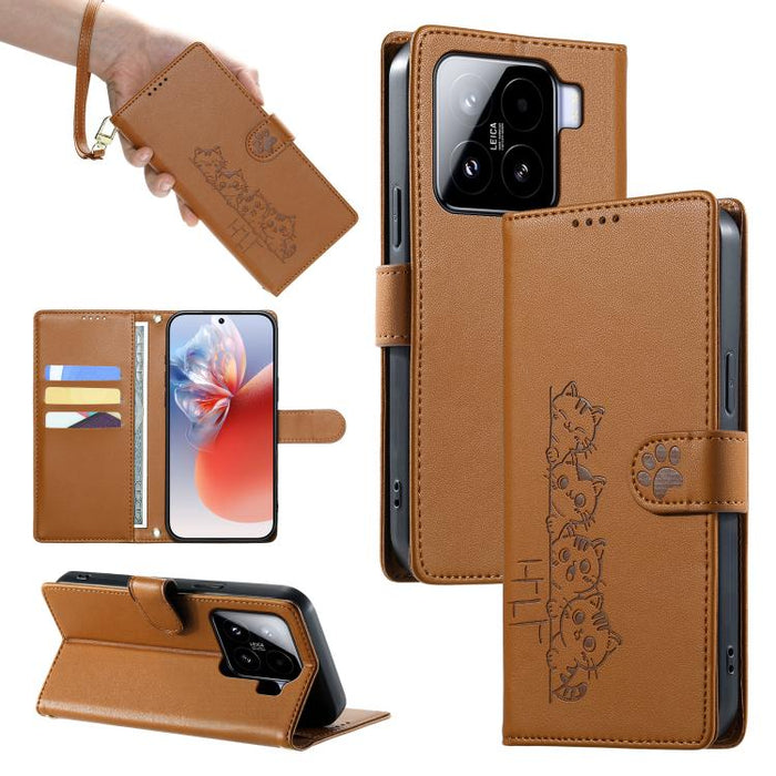 Funda para teléfono de piel vegana con cierre magnético y diseño de lindos gatos., For Xiaomi 15 Ultra, For Xiaomi Poco X7 Pro / Redmi Turbo 4, For Xiaomi 15 Pro, For Xiaomi 15, For Xiaomi 14T Pro, For Xiaomi 14T, For Xiaomi Poco F6 / Redmi Turbo 3