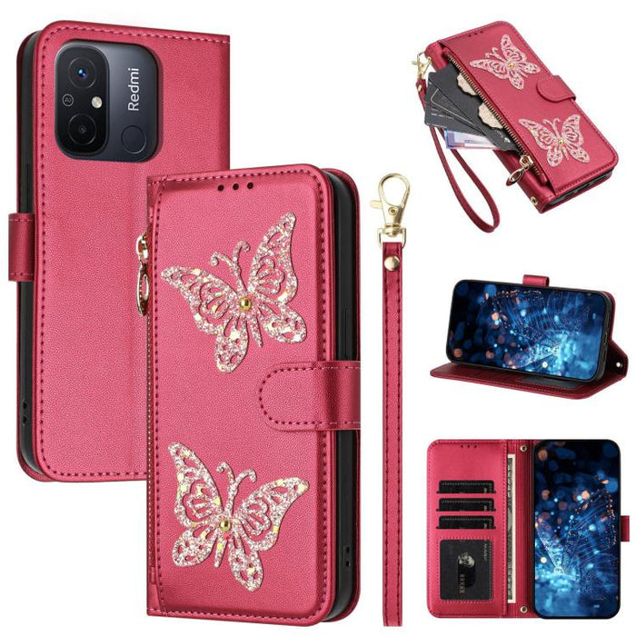 Funda para teléfono de piel vegana con cremallera y mariposa brillante, con correa para la muñeca., For Redmi 12C / 11A 4G Global, For Redmi Note 12 Pro+ Global, For Redmi Note 12 Pro 5G Global, For Redmi Note 12 5G Global