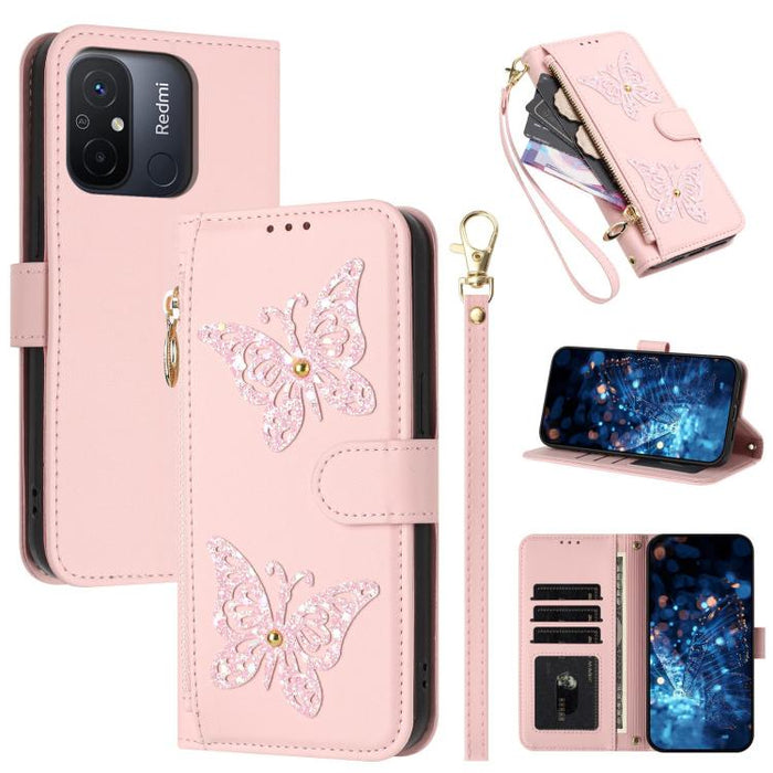 Funda para teléfono de piel vegana con cremallera y mariposa brillante, con correa para la muñeca., For Redmi 12C / 11A 4G Global, For Redmi Note 12 Pro+ Global, For Redmi Note 12 Pro 5G Global, For Redmi Note 12 5G Global