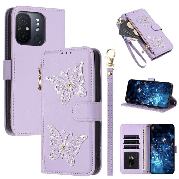 Funda para teléfono de piel vegana con cremallera y mariposa brillante, con correa para la muñeca., For Redmi 12C / 11A 4G Global, For Redmi Note 12 Pro+ Global, For Redmi Note 12 Pro 5G Global, For Redmi Note 12 5G Global