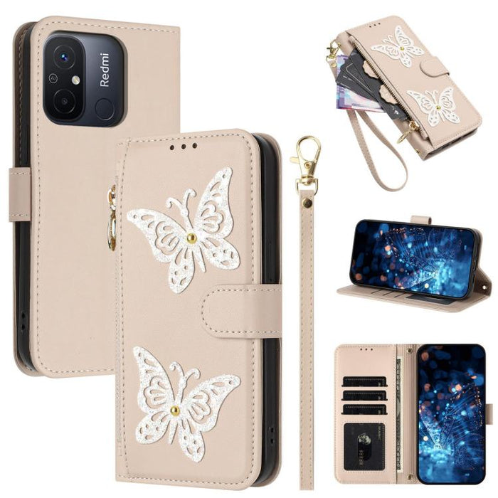 Funda para teléfono de piel vegana con cremallera y mariposa brillante, con correa para la muñeca., For Redmi 12C / 11A 4G Global, For Redmi Note 12 Pro+ Global, For Redmi Note 12 Pro 5G Global, For Redmi Note 12 5G Global
