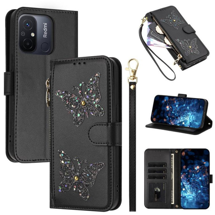 Funda para teléfono de piel vegana con cremallera y mariposa brillante, con correa para la muñeca., For Redmi 12C / 11A 4G Global, For Redmi Note 12 Pro+ Global, For Redmi Note 12 Pro 5G Global, For Redmi Note 12 5G Global