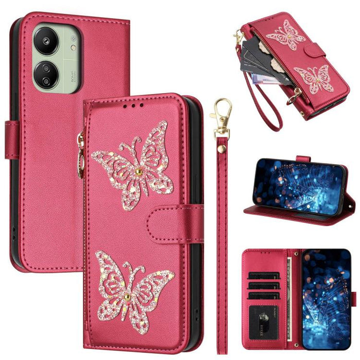 Funda para teléfono de piel vegana con cremallera y mariposa brillante, con correa para la muñeca., For Redmi Note 14S 4G Global, For Redmi K80 / K80 Pro, For Redmi Note 14 4G 164.84mm, For Redmi Note 14 Pro 5G, For Redmi Note 14 5G                    ...