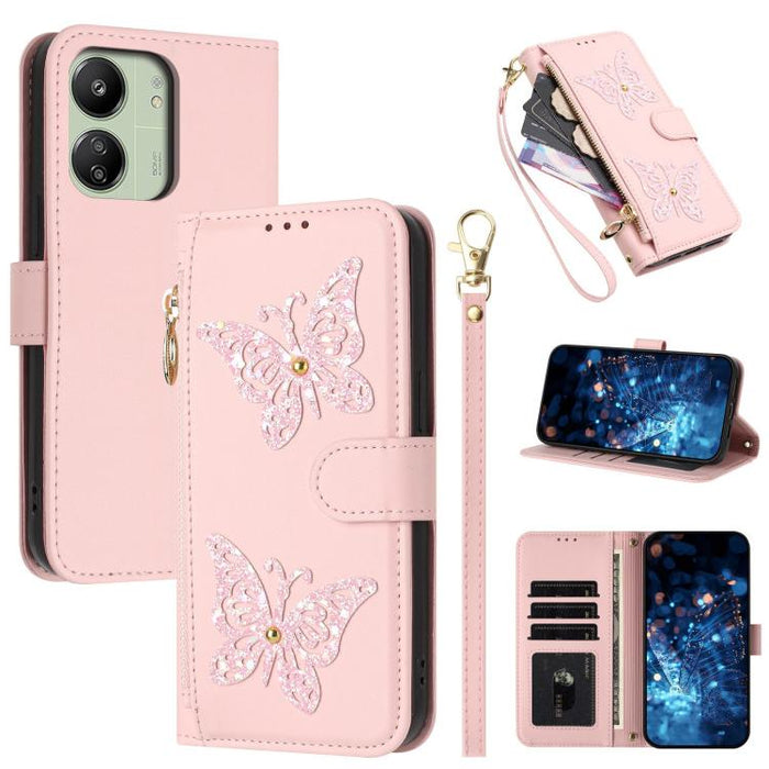 Funda para teléfono de piel vegana con cremallera y mariposa brillante, con correa para la muñeca., For Redmi Note 14S 4G Global, For Redmi K80 / K80 Pro, For Redmi Note 14 4G 164.84mm, For Redmi Note 14 Pro 5G, For Redmi Note 14 5G                    ...