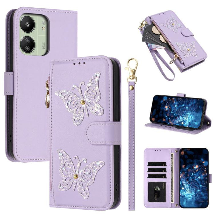 Funda para teléfono de piel vegana con cremallera y mariposa brillante, con correa para la muñeca., For Redmi Note 14S 4G Global, For Redmi K80 / K80 Pro, For Redmi Note 14 4G 164.84mm, For Redmi Note 14 Pro 5G, For Redmi Note 14 5G                    ...