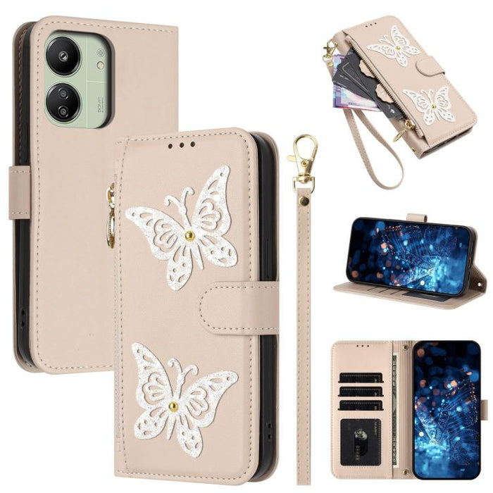 Funda para teléfono de piel vegana con cremallera y mariposa brillante, con correa para la muñeca., For Redmi Note 14S 4G Global, For Redmi K80 / K80 Pro, For Redmi Note 14 4G 164.84mm, For Redmi Note 14 Pro 5G, For Redmi Note 14 5G                    ...