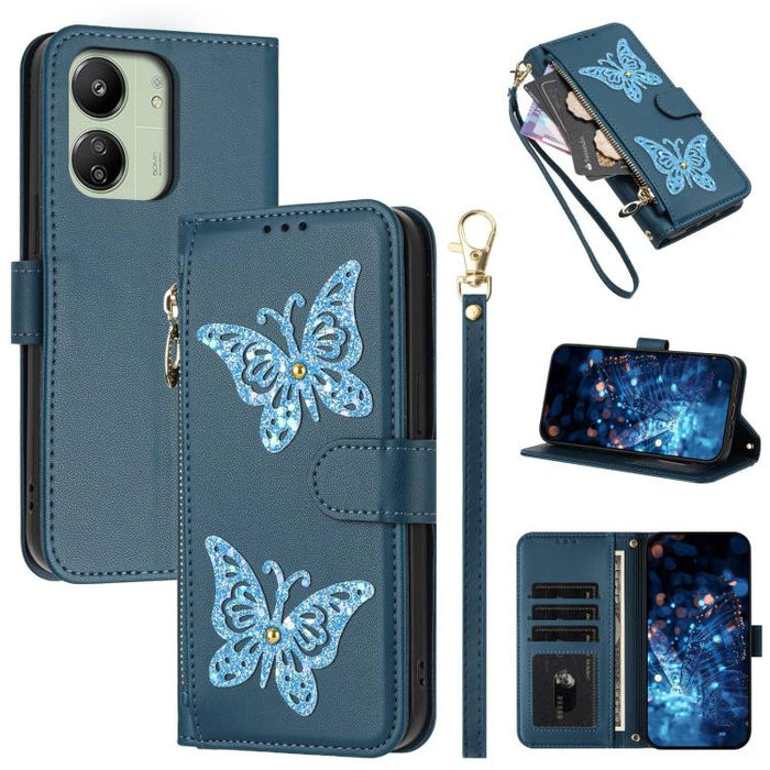 Funda para teléfono de piel vegana con cremallera y mariposa brillante, con correa para la muñeca., For Redmi Note 14S 4G Global, For Redmi K80 / K80 Pro, For Redmi Note 14 4G 164.84mm, For Redmi Note 14 Pro 5G, For Redmi Note 14 5G                    ...