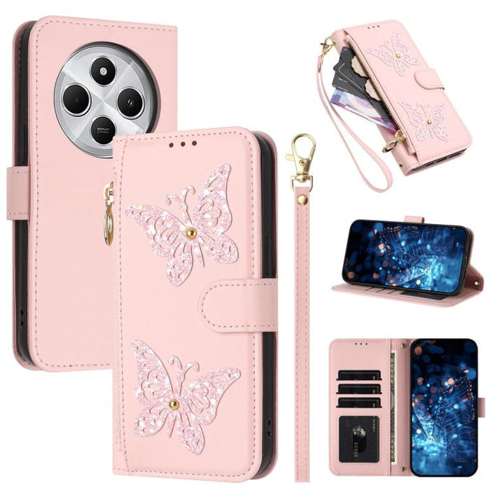 Funda para teléfono de piel vegana con cremallera y mariposa brillante, con correa para la muñeca., For Redmi Note 14S 4G Global, For Redmi K80 / K80 Pro, For Redmi Note 14 4G 164.84mm, For Redmi Note 14 Pro 5G, For Redmi Note 14 5G                    ...