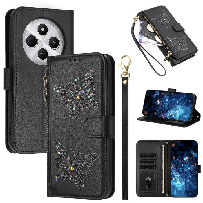 Funda para teléfono de piel vegana con cremallera y mariposa brillante, con correa para la muñeca., For Redmi Note 14S 4G Global, For Redmi K80 / K80 Pro, For Redmi Note 14 4G 164.84mm, For Redmi Note 14 Pro 5G, For Redmi Note 14 5G                    ...