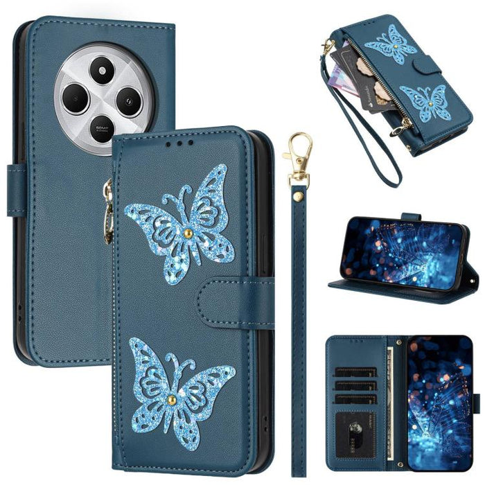 Funda para teléfono de piel vegana con cremallera y mariposa brillante, con correa para la muñeca., For Redmi Note 14S 4G Global, For Redmi K80 / K80 Pro, For Redmi Note 14 4G 164.84mm, For Redmi Note 14 Pro 5G, For Redmi Note 14 5G                    ...