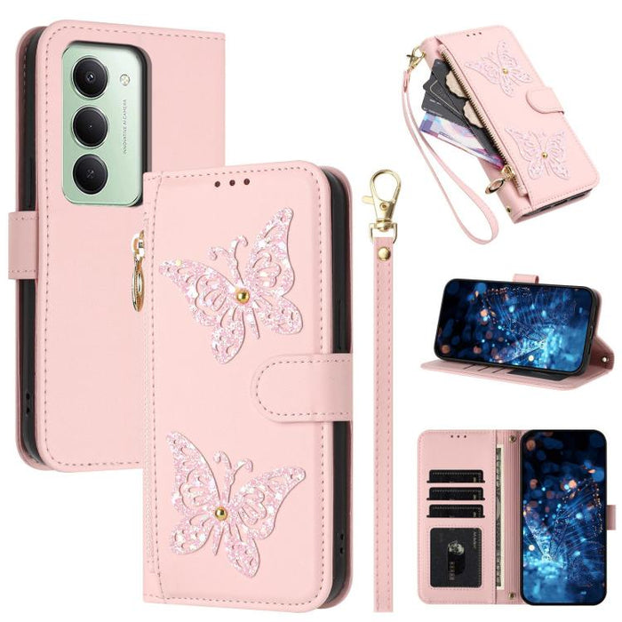 Funda para teléfono de piel vegana con cremallera y mariposa brillante, con correa para la muñeca., For Redmi 15a 5G Global, For Redmi Turbo 5 Max / Poco X8 Pro Max, For Redmi Turbo 5 / Poco X8 Pro 5G, For Redmi Note 15 Pro+ 5G Global 163.3mm          ...