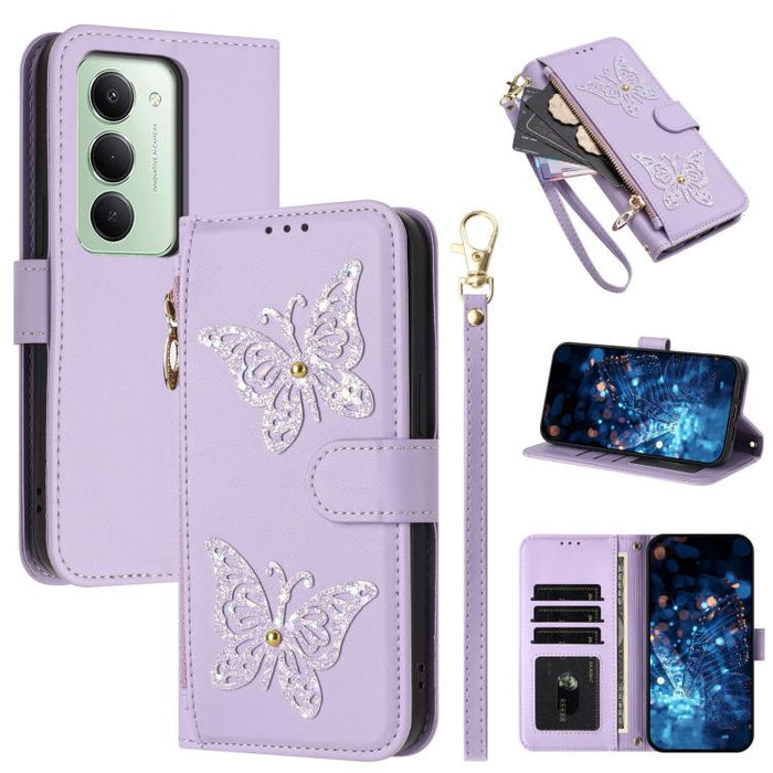 Funda para teléfono de piel vegana con cremallera y mariposa brillante, con correa para la muñeca., For Redmi 15a 5G Global, For Redmi Turbo 5 Max / Poco X8 Pro Max, For Redmi Turbo 5 / Poco X8 Pro 5G, For Redmi Note 15 Pro+ 5G Global 163.3mm          ...