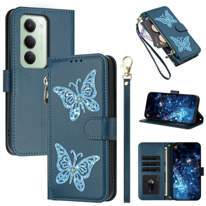 Funda para teléfono de piel vegana con cremallera y mariposa brillante, con correa para la muñeca., For Redmi 15a 5G Global, For Redmi Turbo 5 Max / Poco X8 Pro Max, For Redmi Turbo 5 / Poco X8 Pro 5G, For Redmi Note 15 Pro+ 5G Global 163.3mm          ...