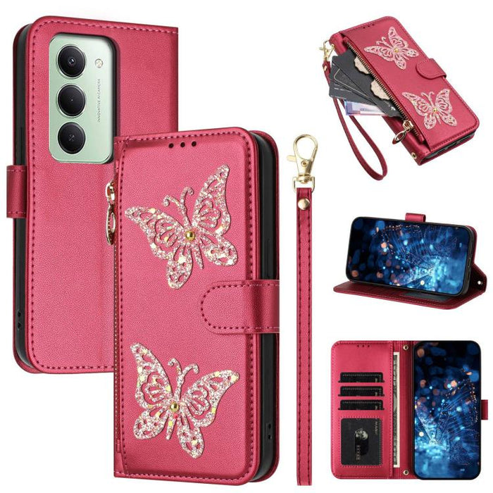 Funda para teléfono de piel vegana con cremallera y mariposa brillante, con correa para la muñeca., For Redmi 15a 5G Global, For Redmi Turbo 5 Max / Poco X8 Pro Max, For Redmi Turbo 5 / Poco X8 Pro 5G, For Redmi Note 15 Pro+ 5G Global 163.3mm          ...